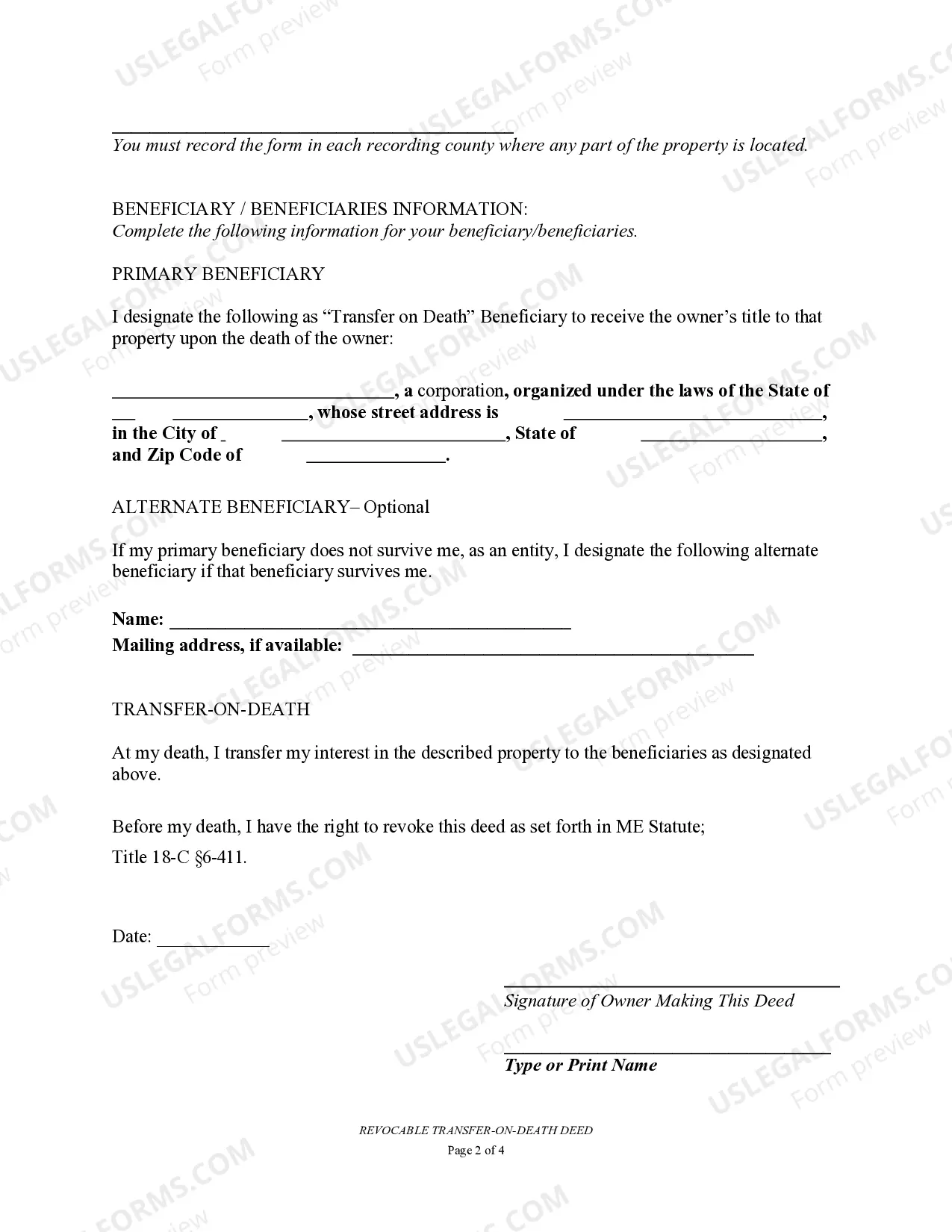 Preview Transfer on Death Deed or TOD - Beneficiary Deed for Individual to a Business Entity