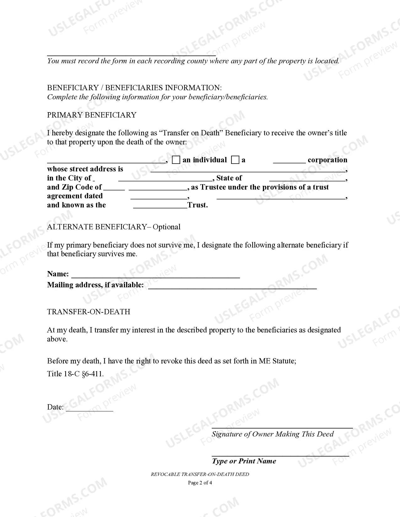 Preview Transfer on Death Deed or TOD - Beneficiary Deed for Individual to a Trust