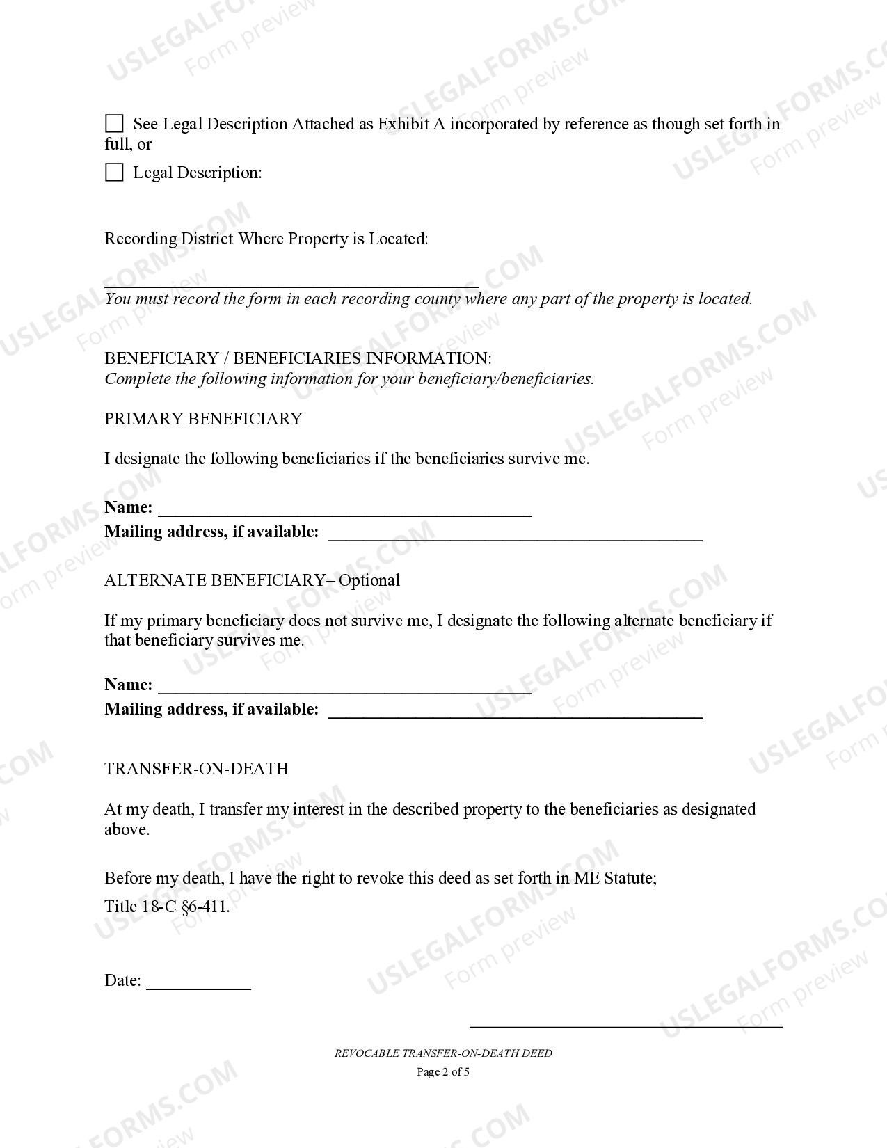 Maine Transfer on Death Deed or TOD Beneficiary Deed for Two