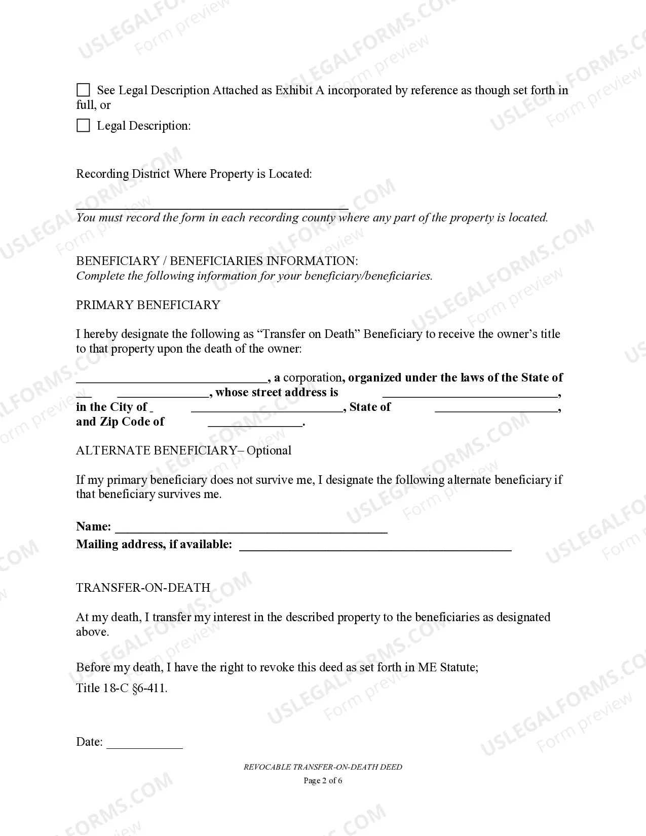Preview Transfer on Death Deed or TOD - Beneficiary Deed for Two Individuals to Business Entity