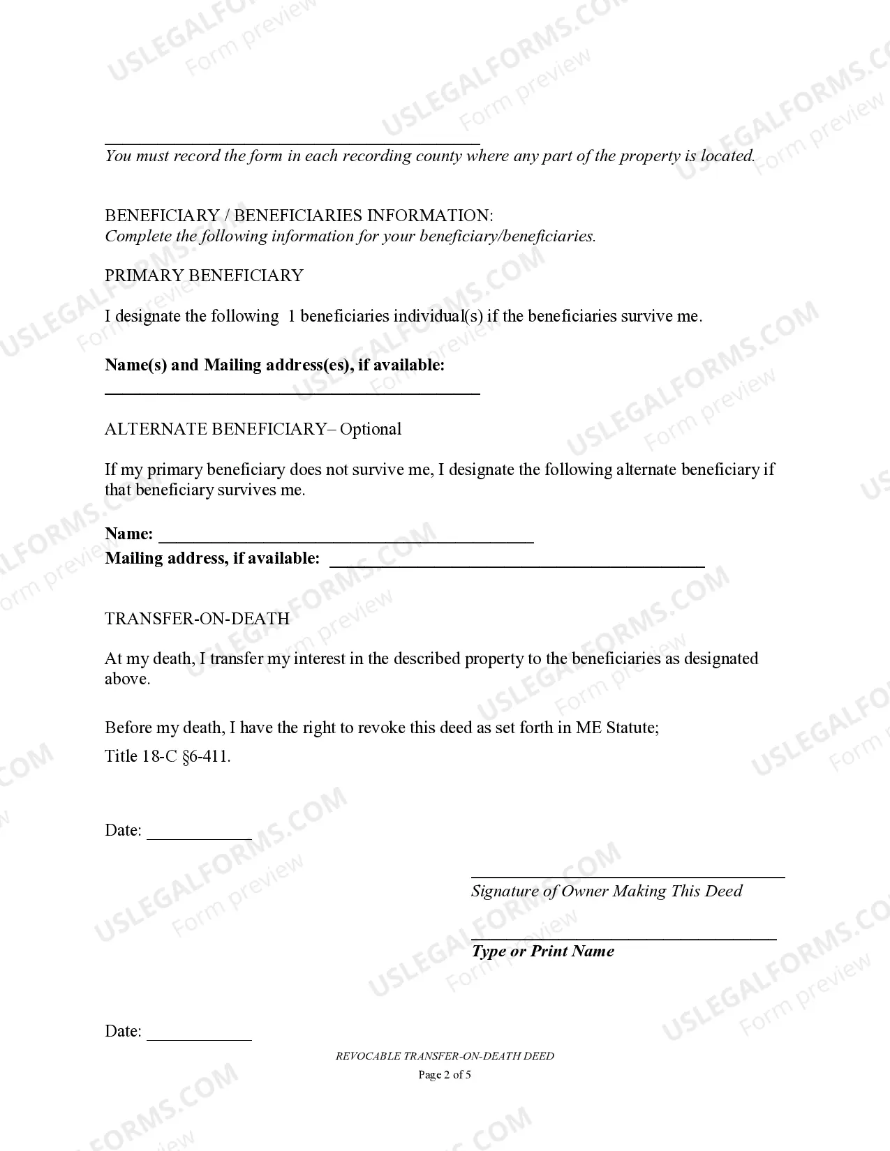 Preview Transfer on Death Deed or TOD - Beneficiary Deed for Two Married Individuals to Multiple Individuals