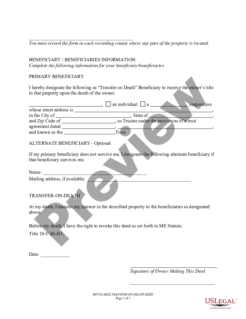 Maine Transfer On Death Deed Or Tod Beneficiary Deed For Two Married Individuals To A Trust 