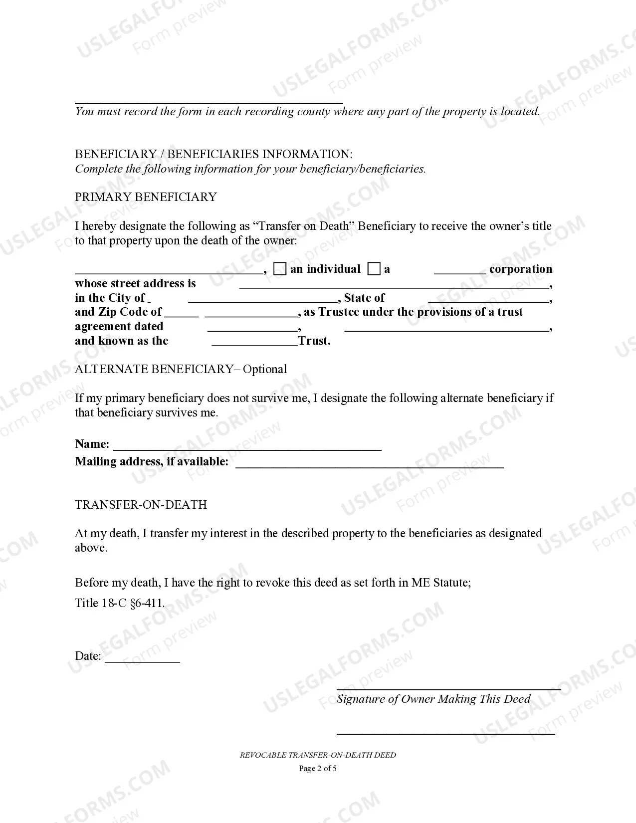Preview Transfer on Death Deed or TOD - Beneficiary Deed for Two Married Individuals to a Trust