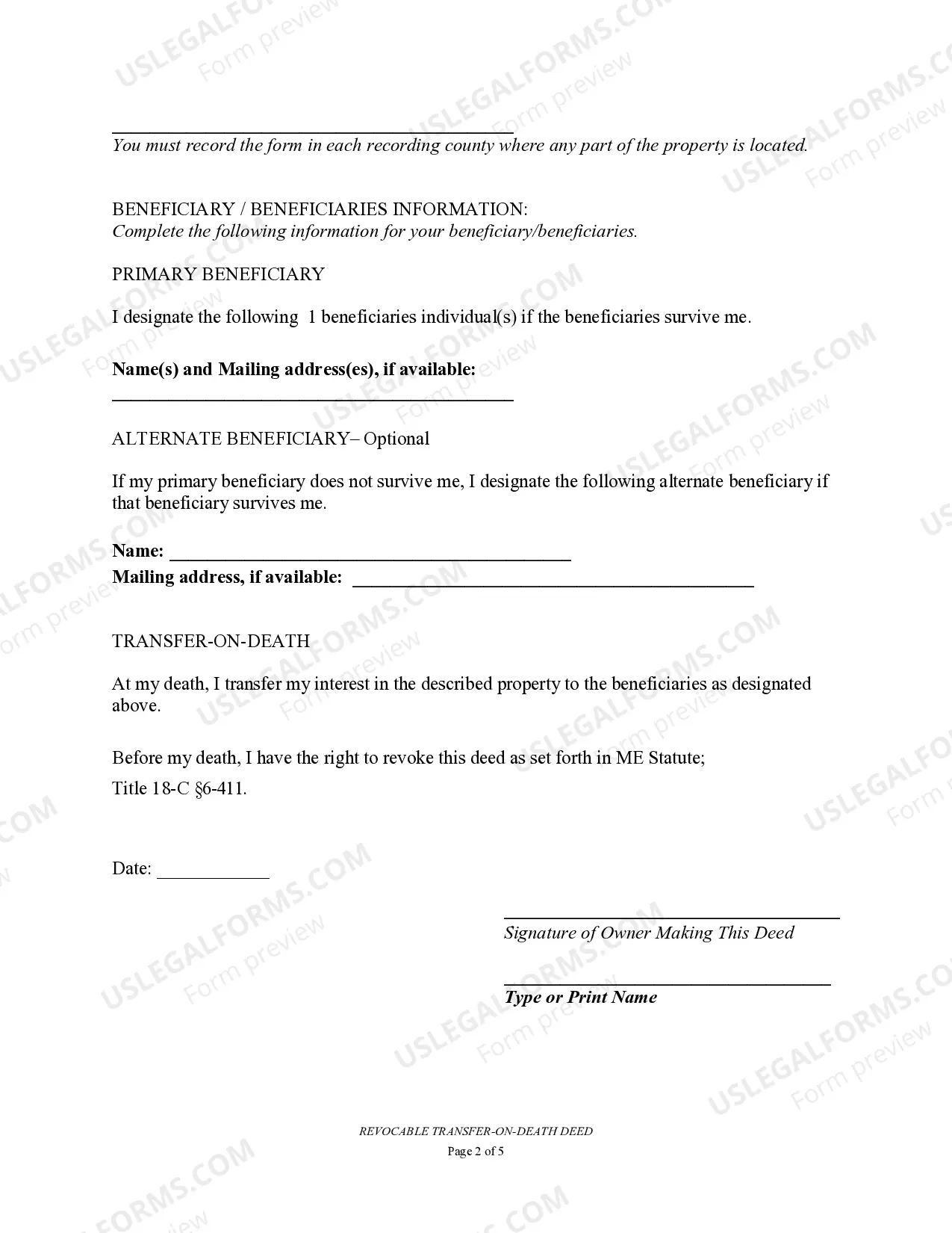 Preview Transfer on Death Deed or TOD - Beneficiary Deed for One Individual to Multiple Individuals