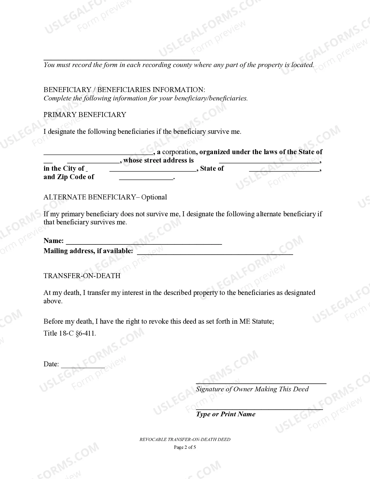 Preview Transfer on Death Deed or TOD - Beneficiary Deed for Two Married Individuals to a Business