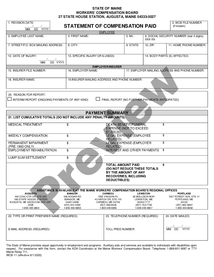 Maine Statement of Compensation Paid for Workers' Compensation Maine