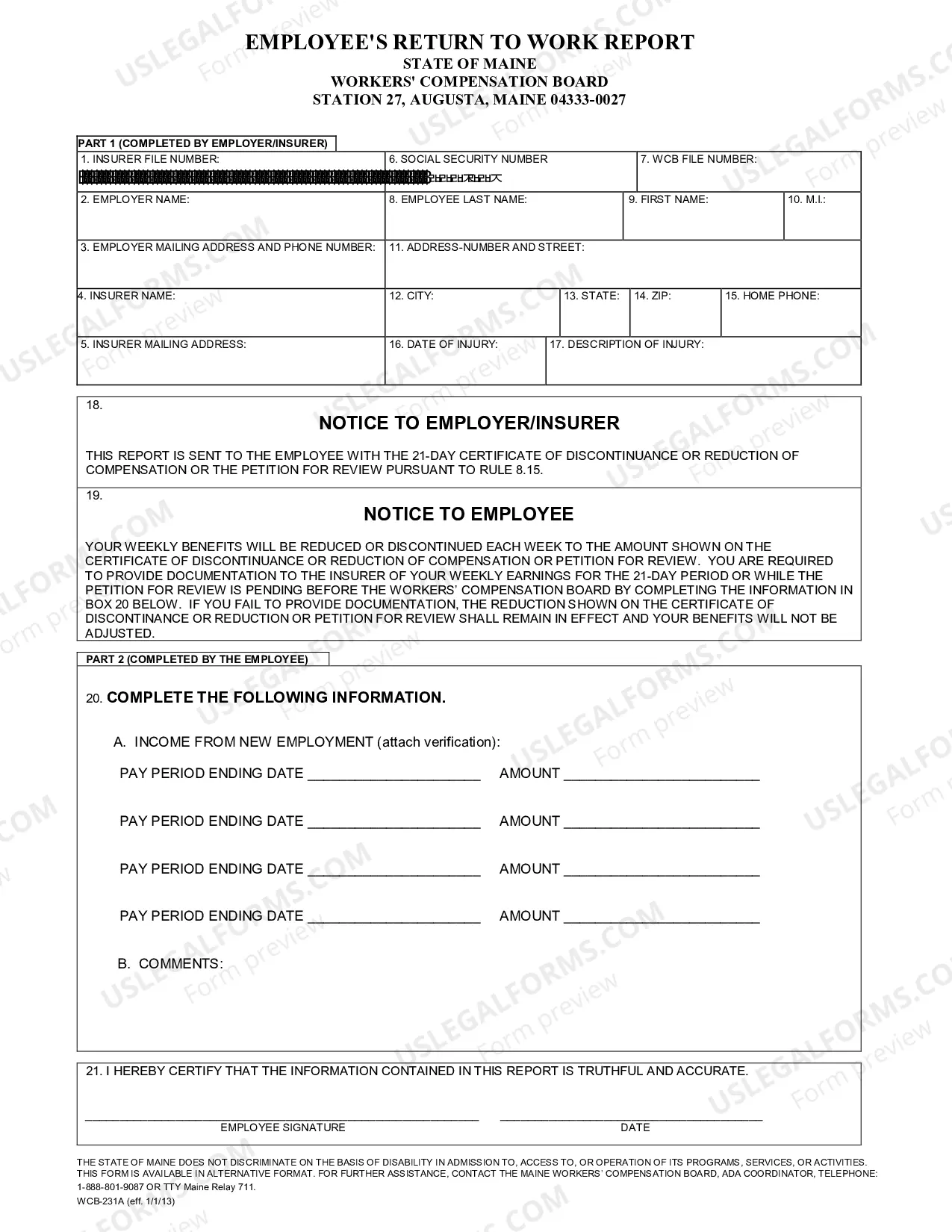Preview Employees Return to Work Report for Workers' Compensation