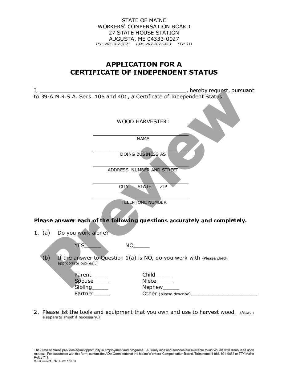 page 0 Independent Status Application for Workers' Compensation preview