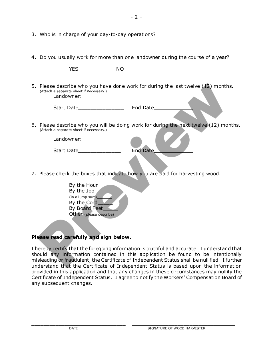 page 1 Independent Status Application for Workers' Compensation preview