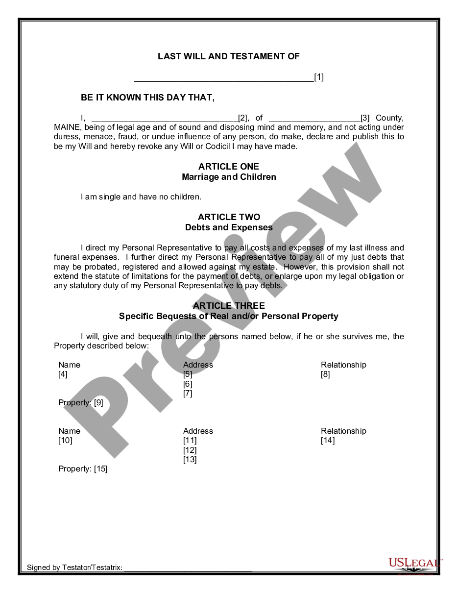 form Legal Last Will and Testament Form for Single Person with No Children preview