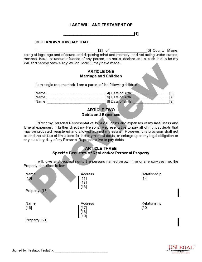 Preview Last Will and Testament for a Single Person with Minor Children