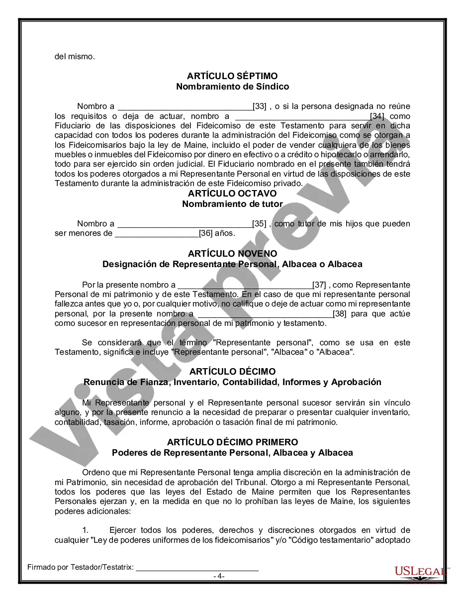 Preview Formulario Legal de Última Voluntad y Testamento para Persona Soltera con Hijos Adultos y Menores