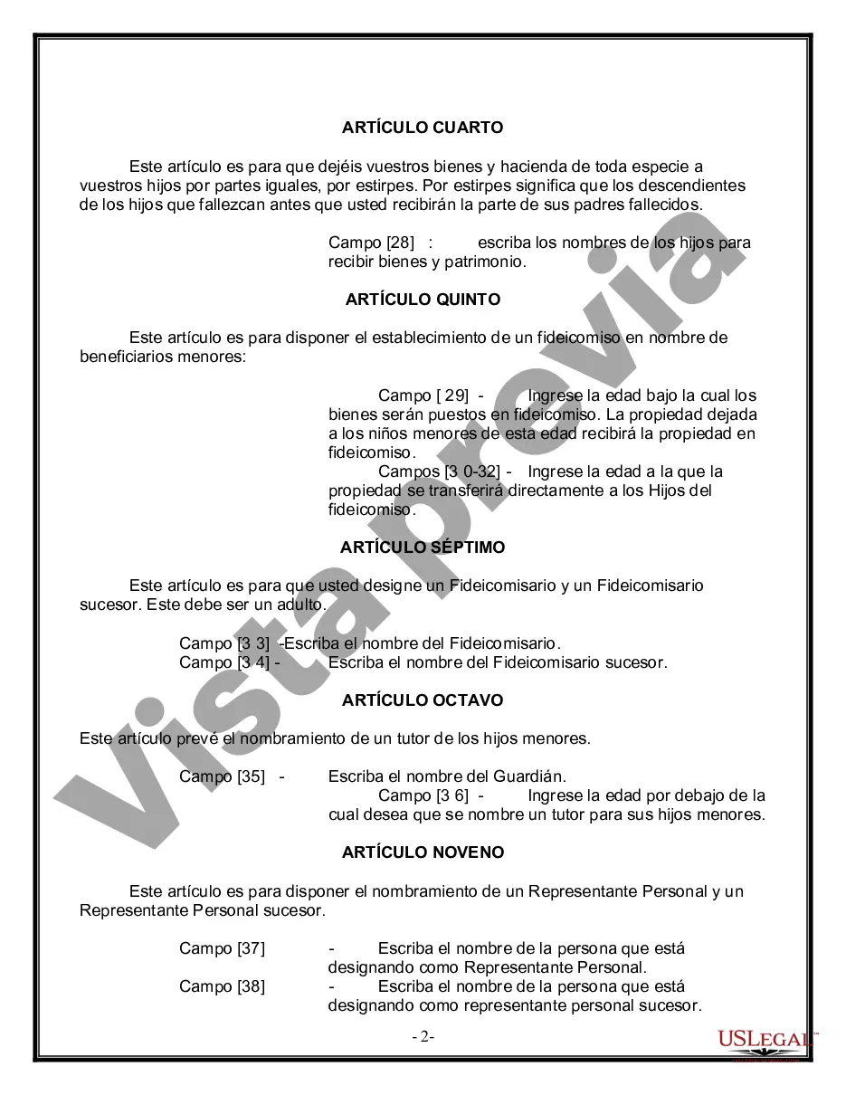 Preview Formulario Legal de Última Voluntad y Testamento para Persona Soltera con Hijos Adultos y Menores