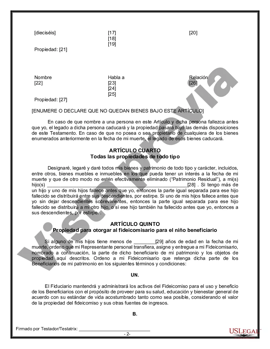 Preview Formulario Legal de Última Voluntad y Testamento para Persona Soltera con Hijos Adultos y Menores