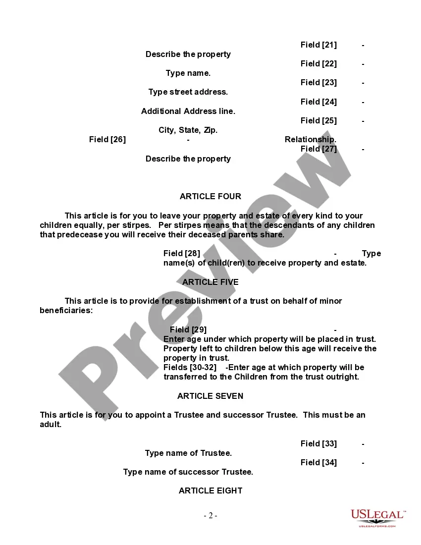 Preview Last Will and Testament for Single Person with Adult and Minor Children