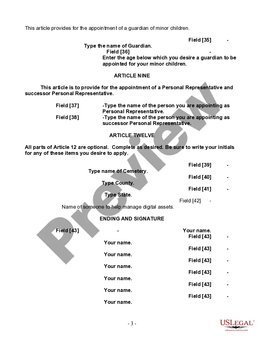 Preview Last Will and Testament for Single Person with Adult and Minor Children
