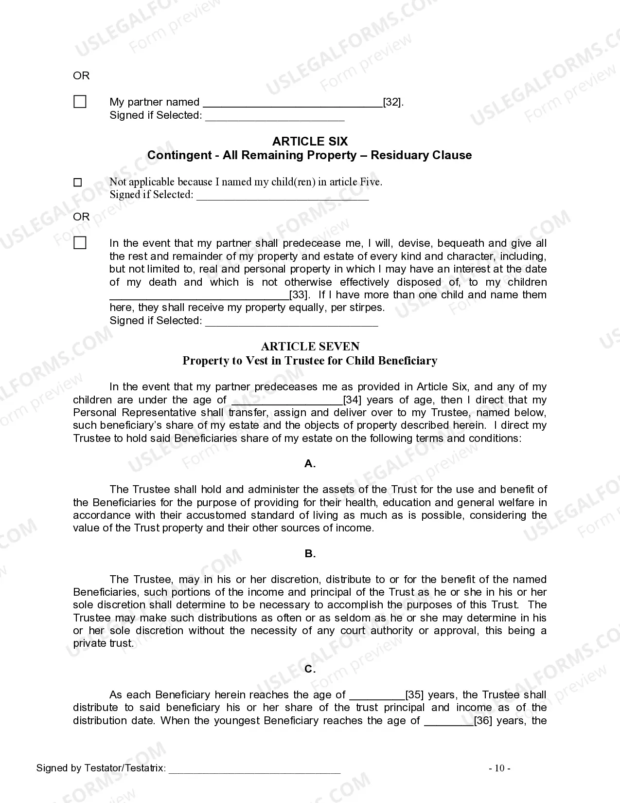 Preview Last Will and Testament for Domestic Partner With Children from Prior Marriage