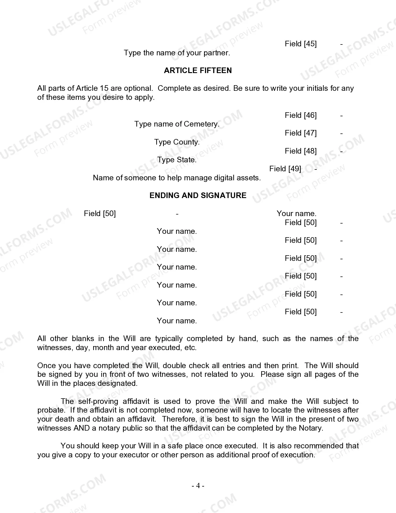 Preview Last Will and Testament for Domestic Partner With Children from Prior Marriage
