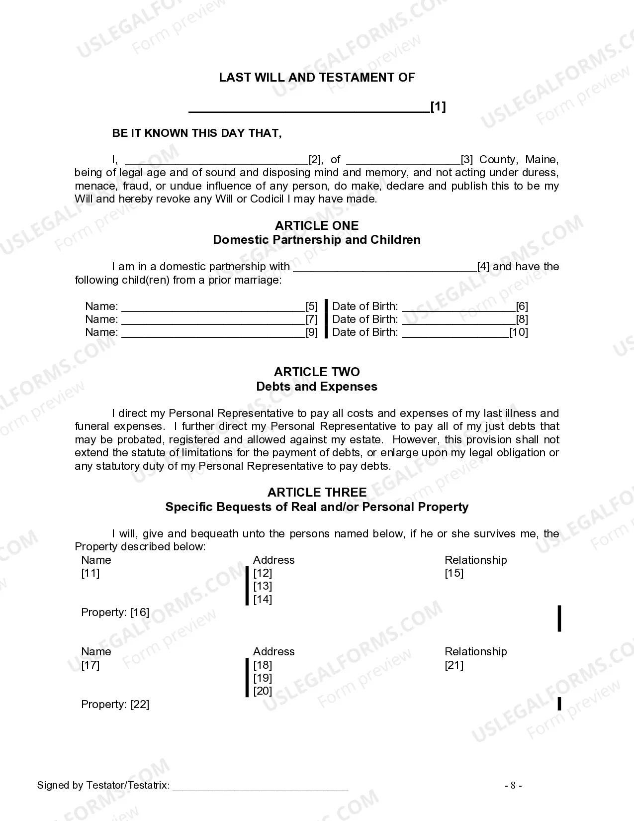 Preview Last Will and Testament for Domestic Partner With Children from Prior Marriage