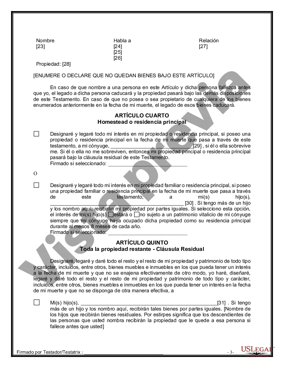 Preview Última voluntad y testamento legal para persona casada con hijos menores de edad de un matrimonio anterior