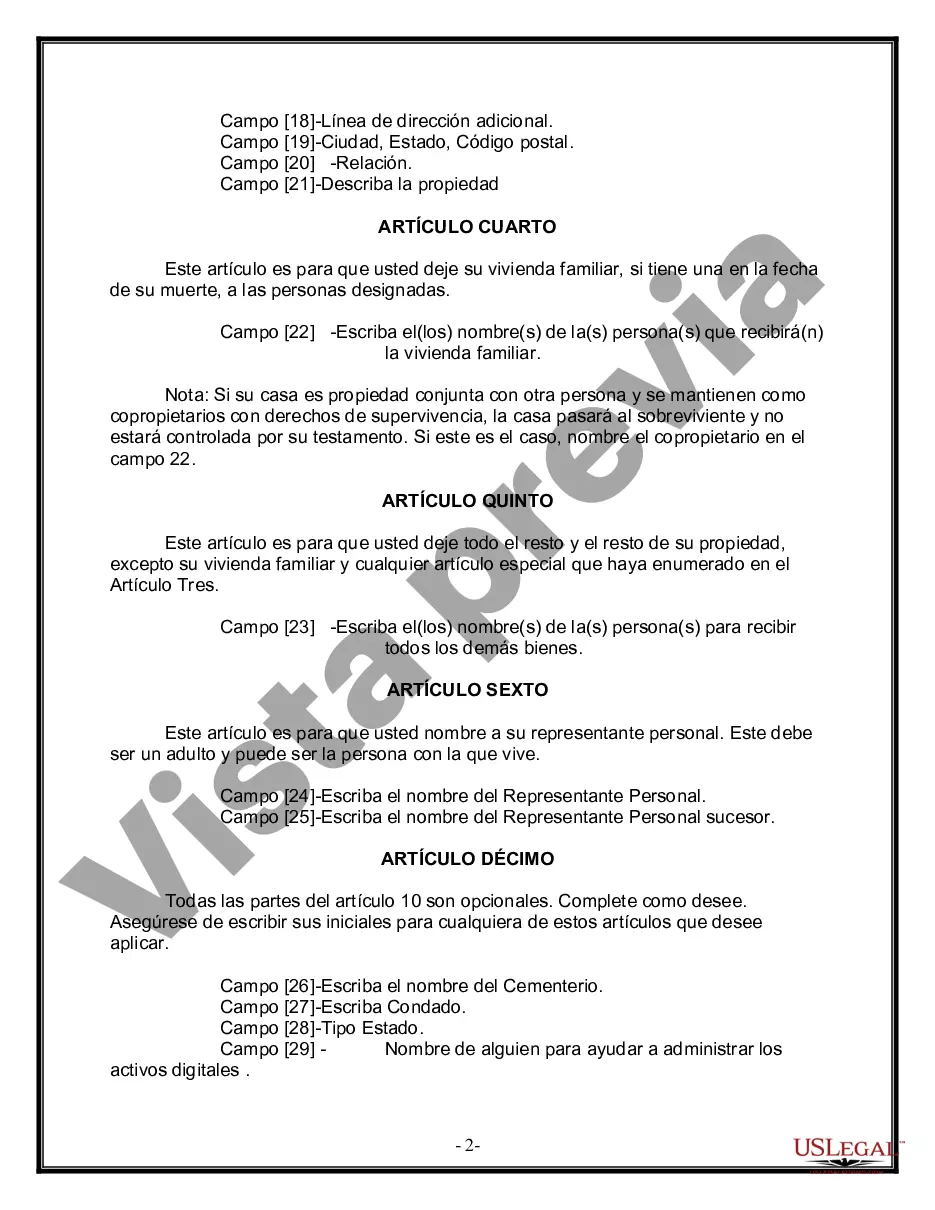 Preview Formulario de última voluntad y testamento legal para personas divorciadas que no se han vuelto a casar y no tienen hijos