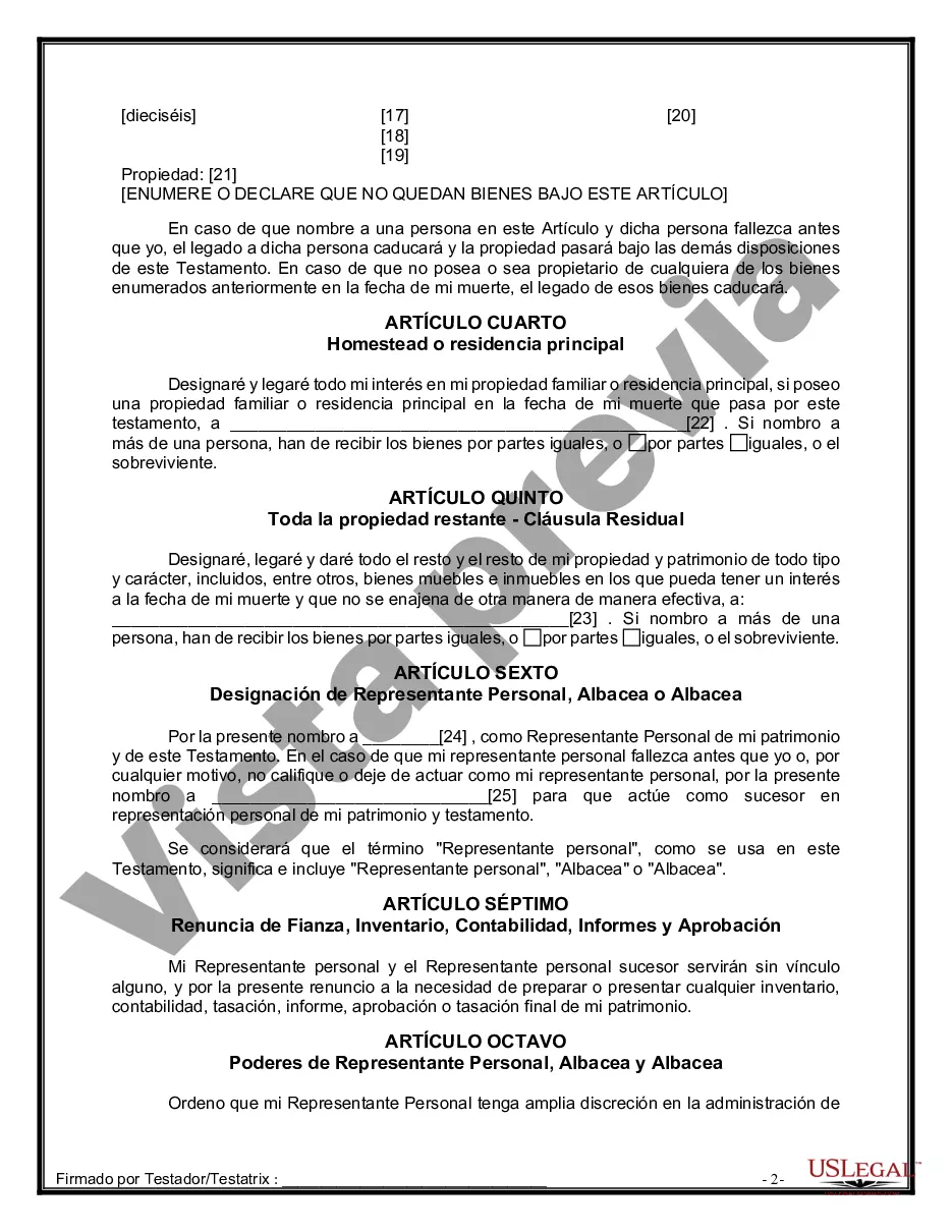 Preview Formulario de última voluntad y testamento legal para personas divorciadas que no se han vuelto a casar y no tienen hijos