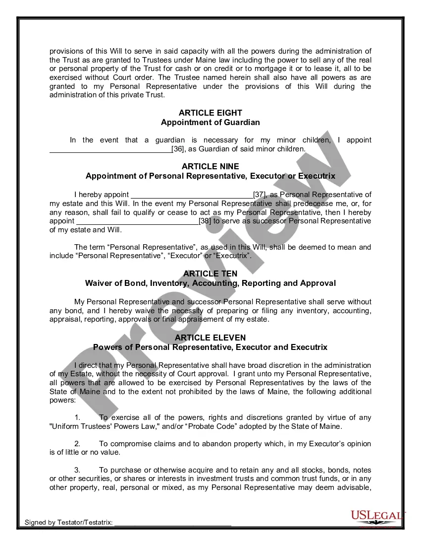 Preview Last Will and Testament for Divorced person not Remarried with Minor Children