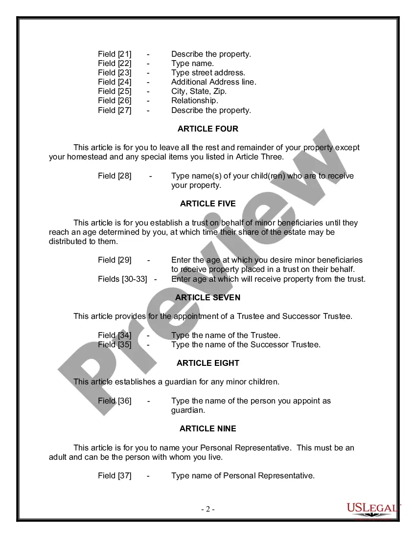 Preview Last Will and Testament for Divorced person not Remarried with Minor Children