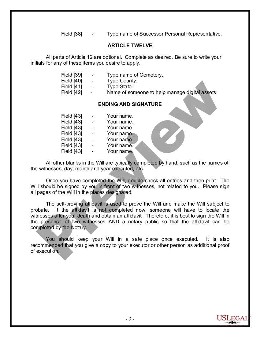 Preview Last Will and Testament for Divorced person not Remarried with Minor Children