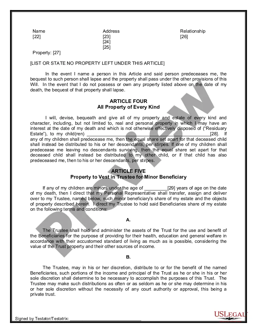 Preview Last Will and Testament for Divorced person not Remarried with Minor Children