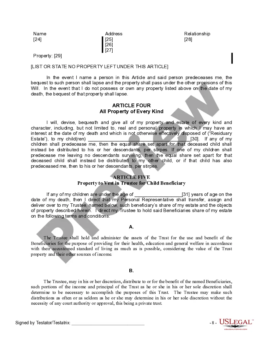 Preview Last Will and Testament for Divorced Person Not Remarried with Adult and Minor Children