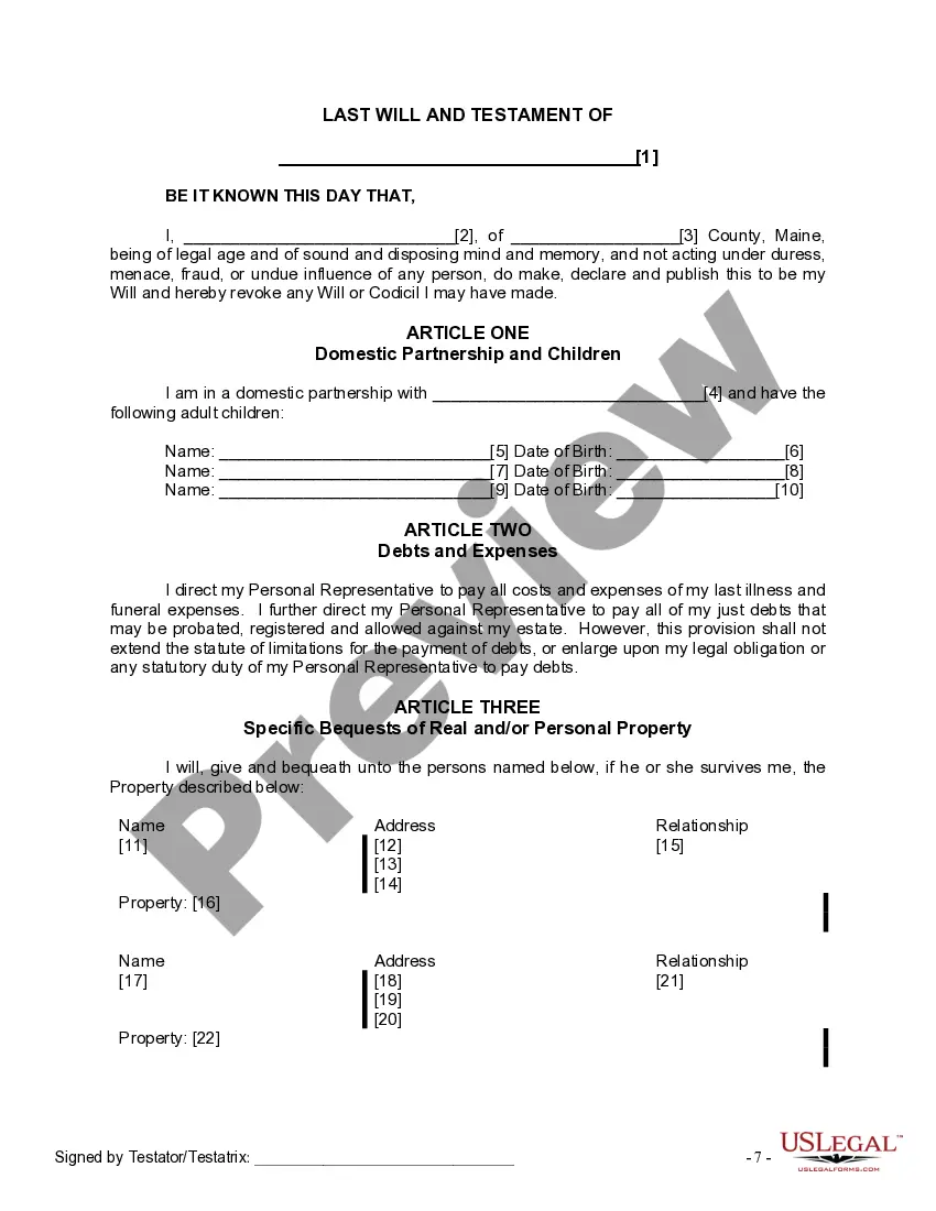 Preview Last Will and Testament for Domestic Partner with Adult Children