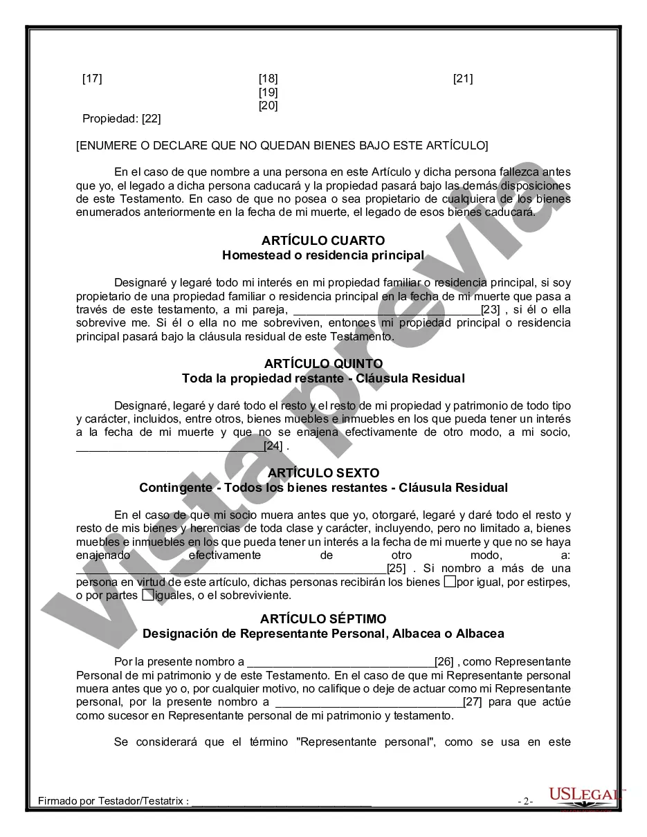 Preview Formulario de última voluntad y testamento legal para una pareja de hecho sin hijos