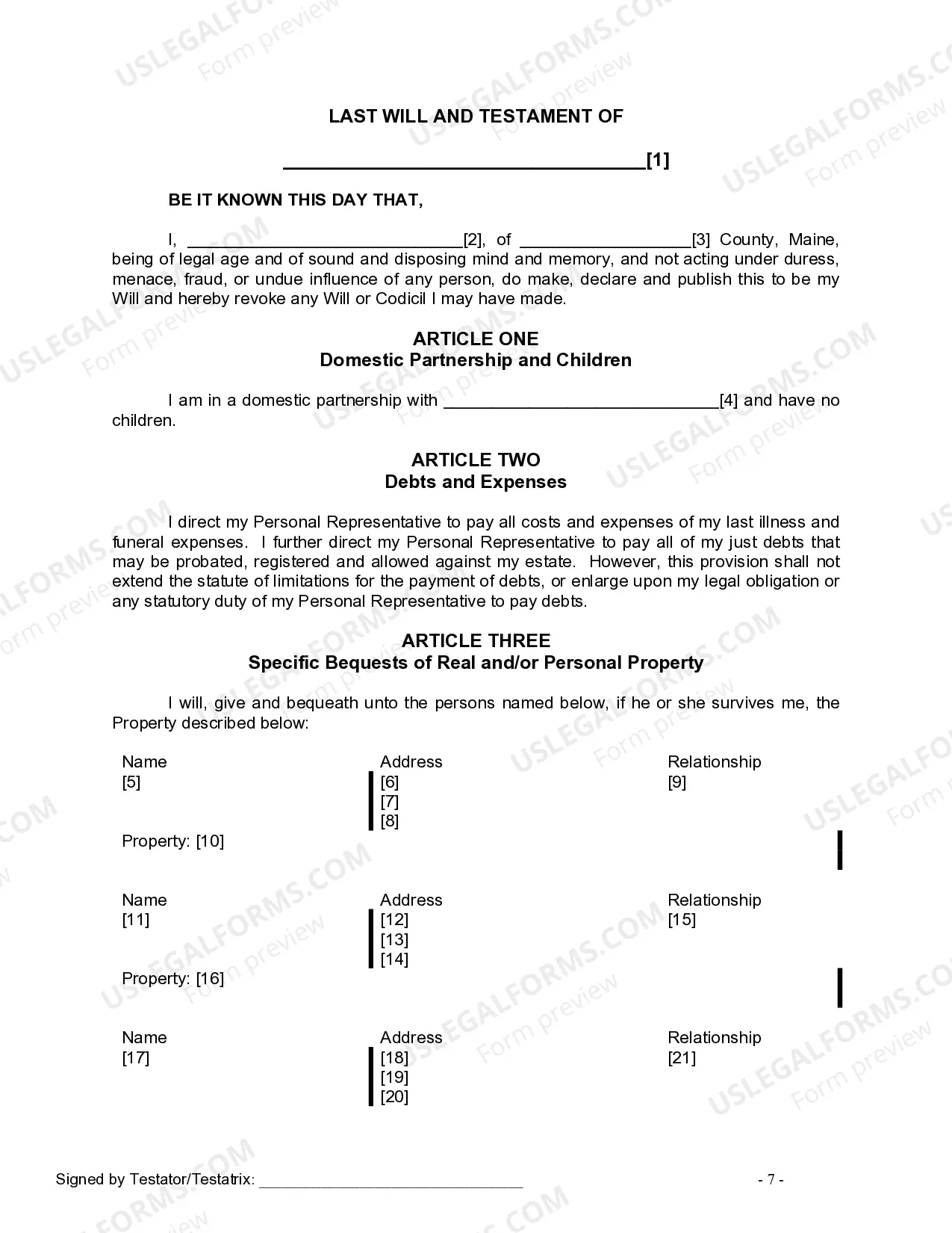 Preview Last Will and Testament for a Domestic Partner with No Children