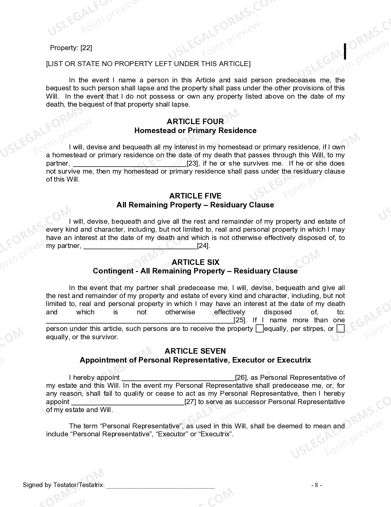 Preview Last Will and Testament for a Domestic Partner with No Children
