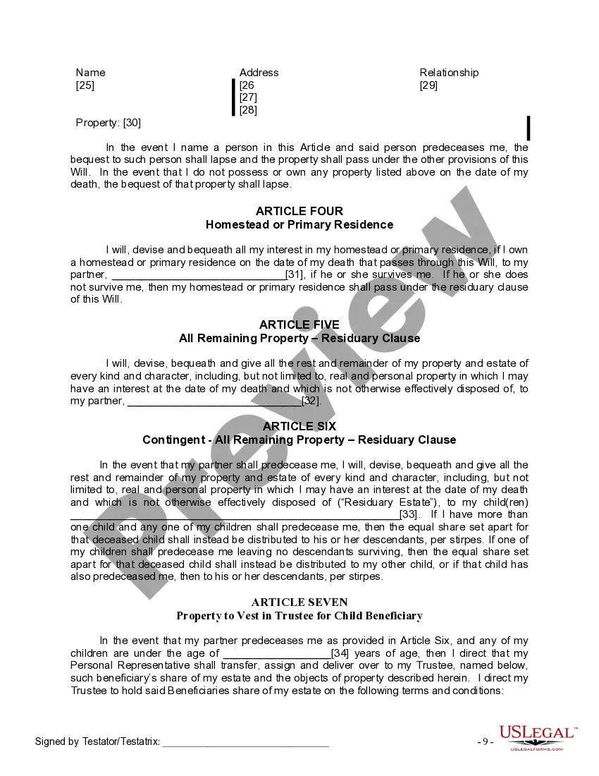 Preview Last Will and Testament Form for Domestic Partner with Minor Children