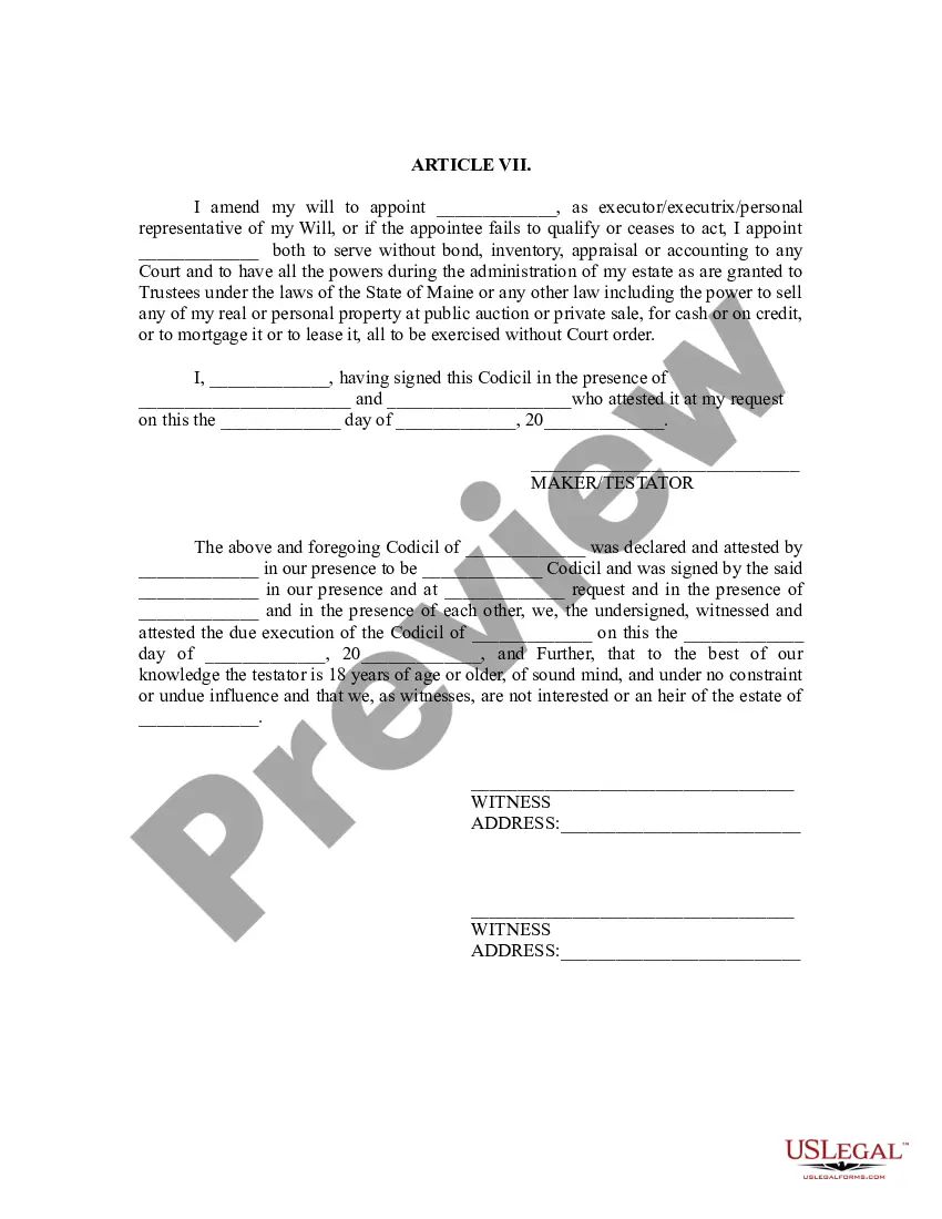 Preview Codicil to Will Form for Amending Your Will - Will Changes or Amendments