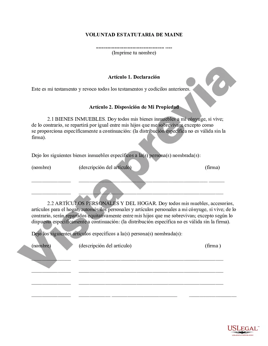 Preview Formulario de testamento estatutario de Maine