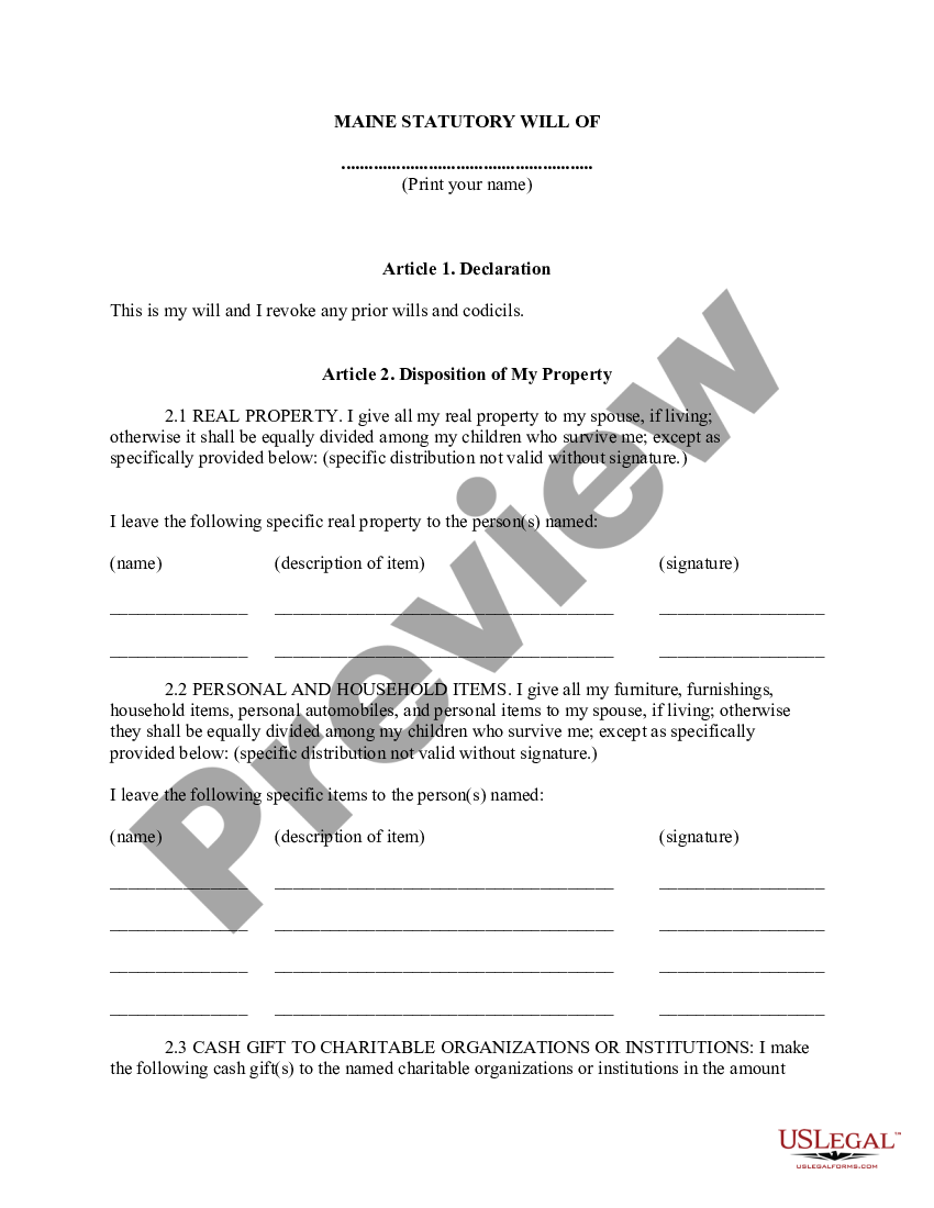 Maine Statutory Will Form Maine Statutory Will Form US Legal Forms