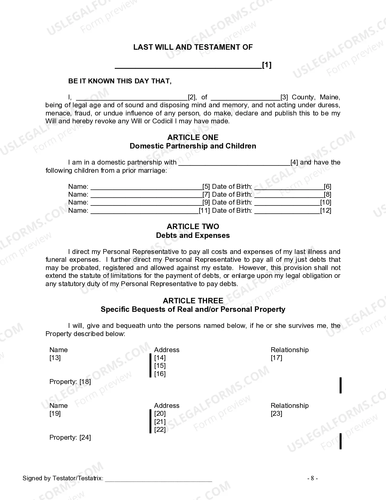 Preview Last Will and Testament for Domestic Partner with Adult and Minor Children from Prior Marriage