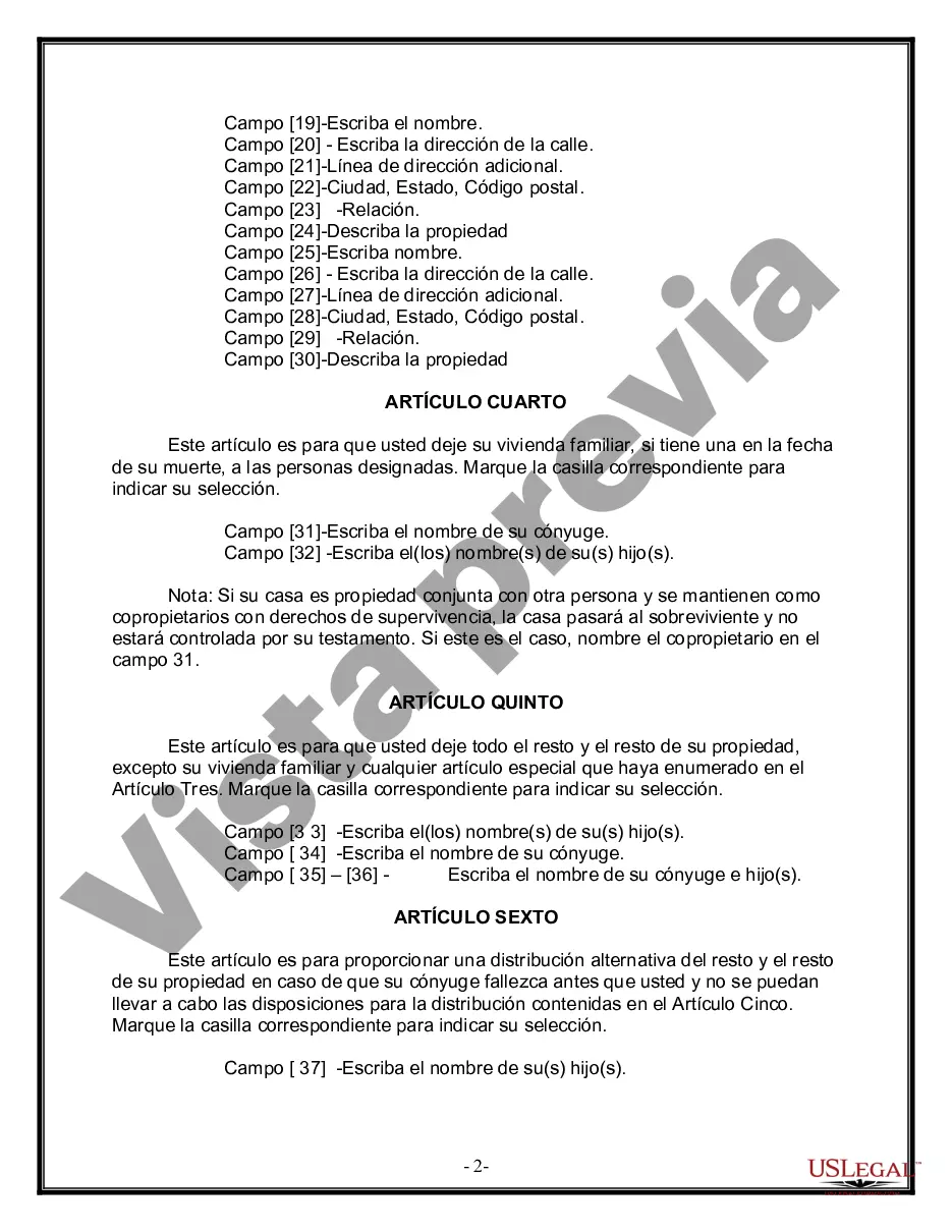 Preview Formulario Legal de Última Voluntad y Testamento para Persona Casada con Hijos Adultos y Menores de Matrimonio Anterior