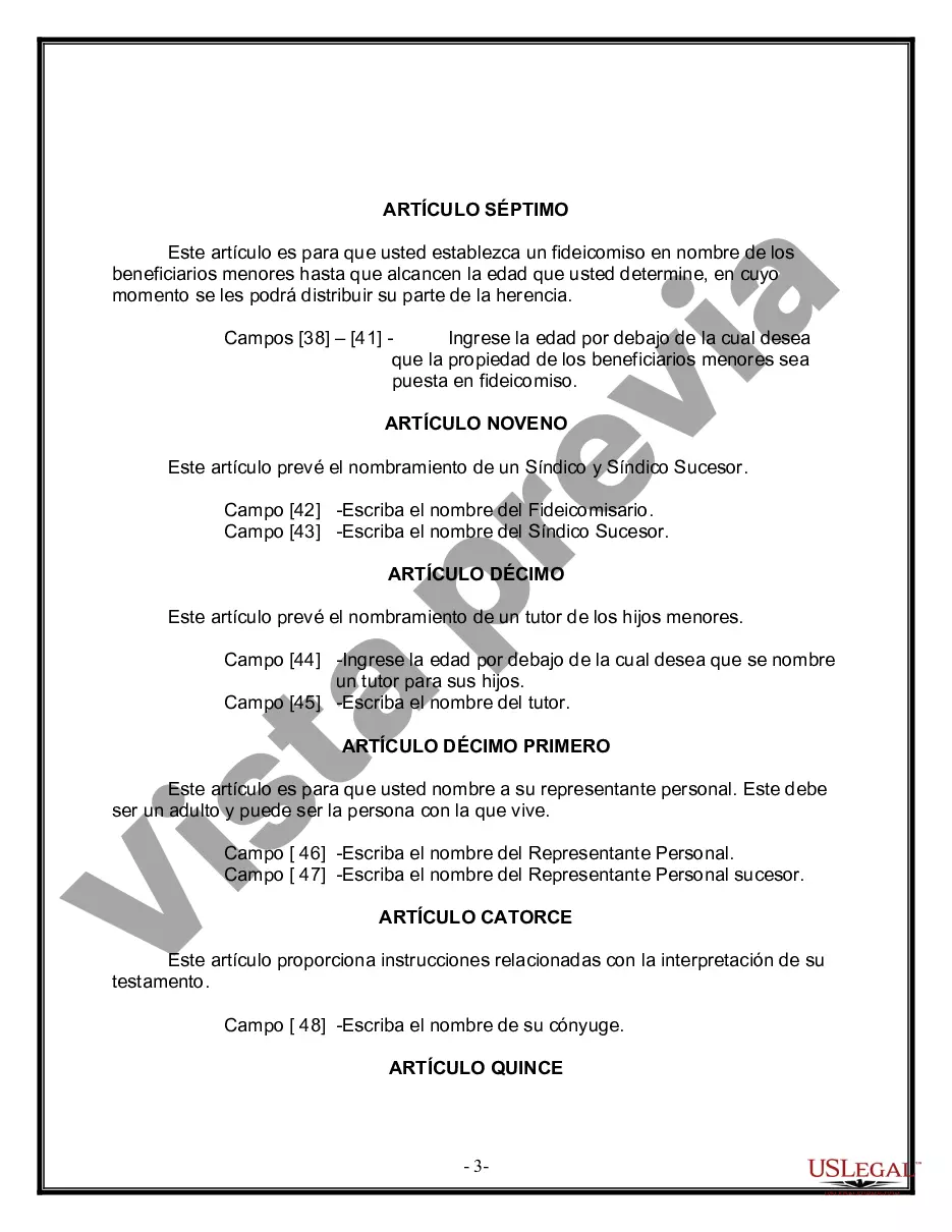 Preview Formulario Legal de Última Voluntad y Testamento para Persona Casada con Hijos Adultos y Menores de Matrimonio Anterior