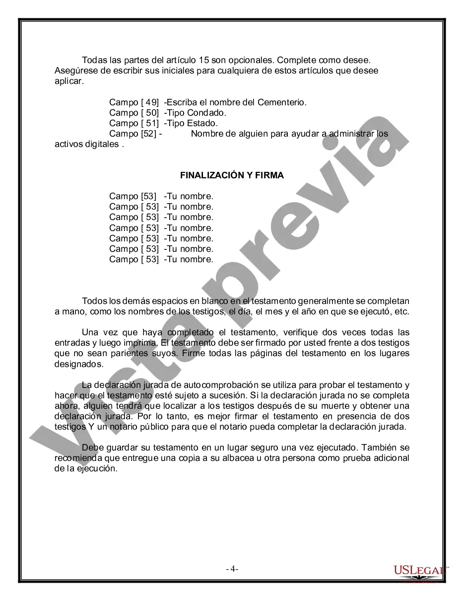 Preview Formulario Legal de Última Voluntad y Testamento para Persona Casada con Hijos Adultos y Menores de Matrimonio Anterior