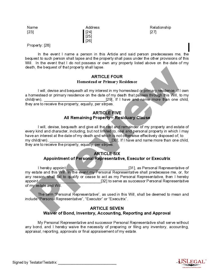 Preview Last Will and Testament for a Widow or Widower with Adult Children