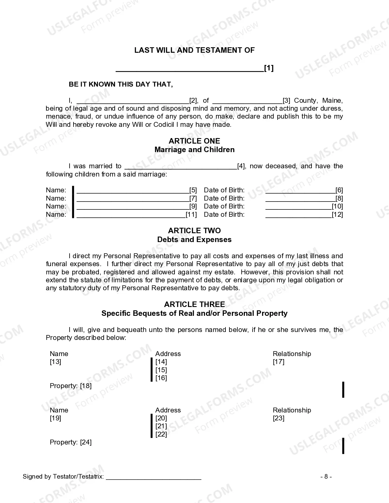 Preview Last Will and Testament for a Widow or Widower with Adult and Minor Children