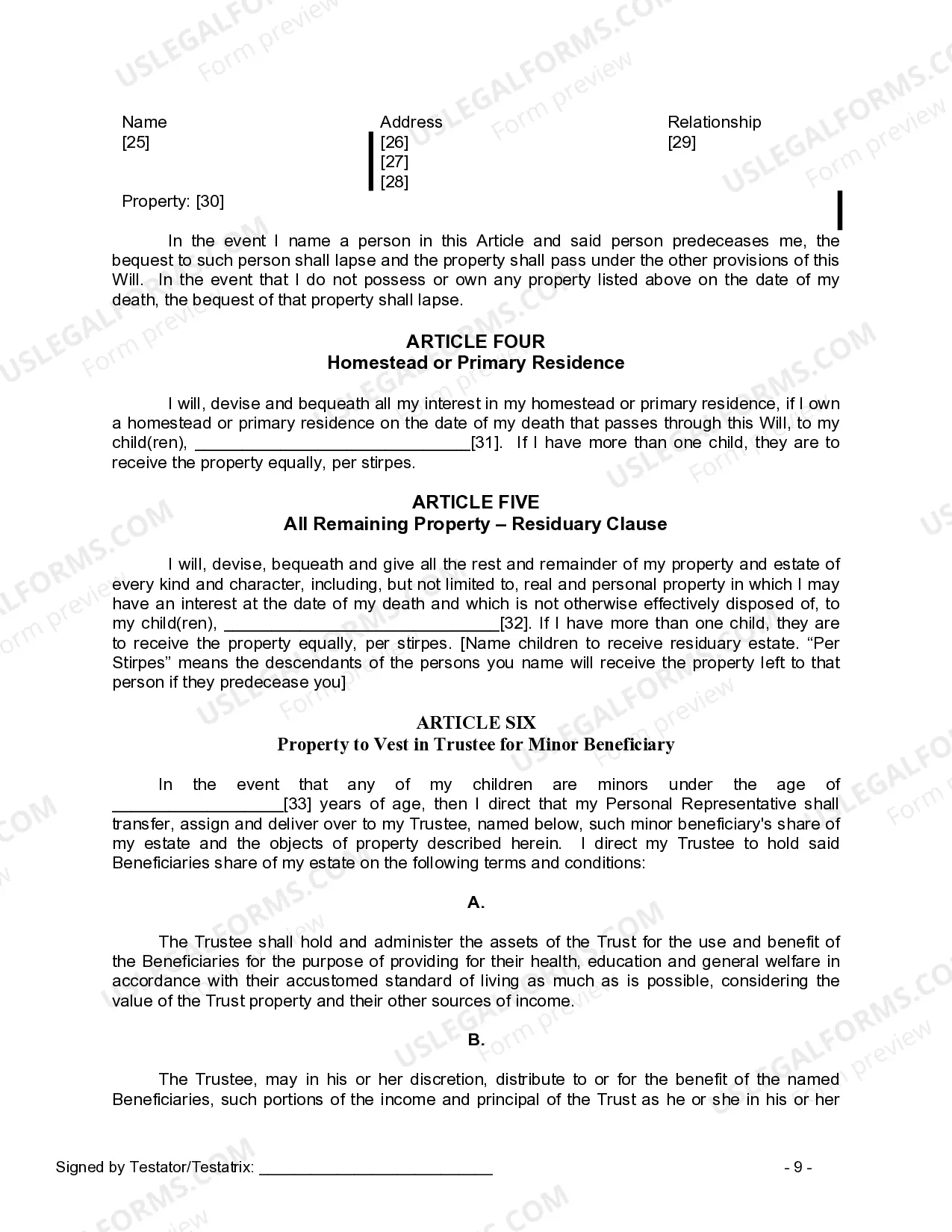 Preview Last Will and Testament for a Widow or Widower with Adult and Minor Children