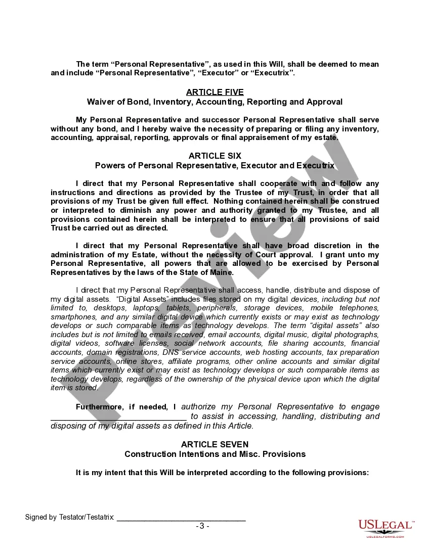 Preview Last Will and Testament with All Property to Trust called a Pour Over Will