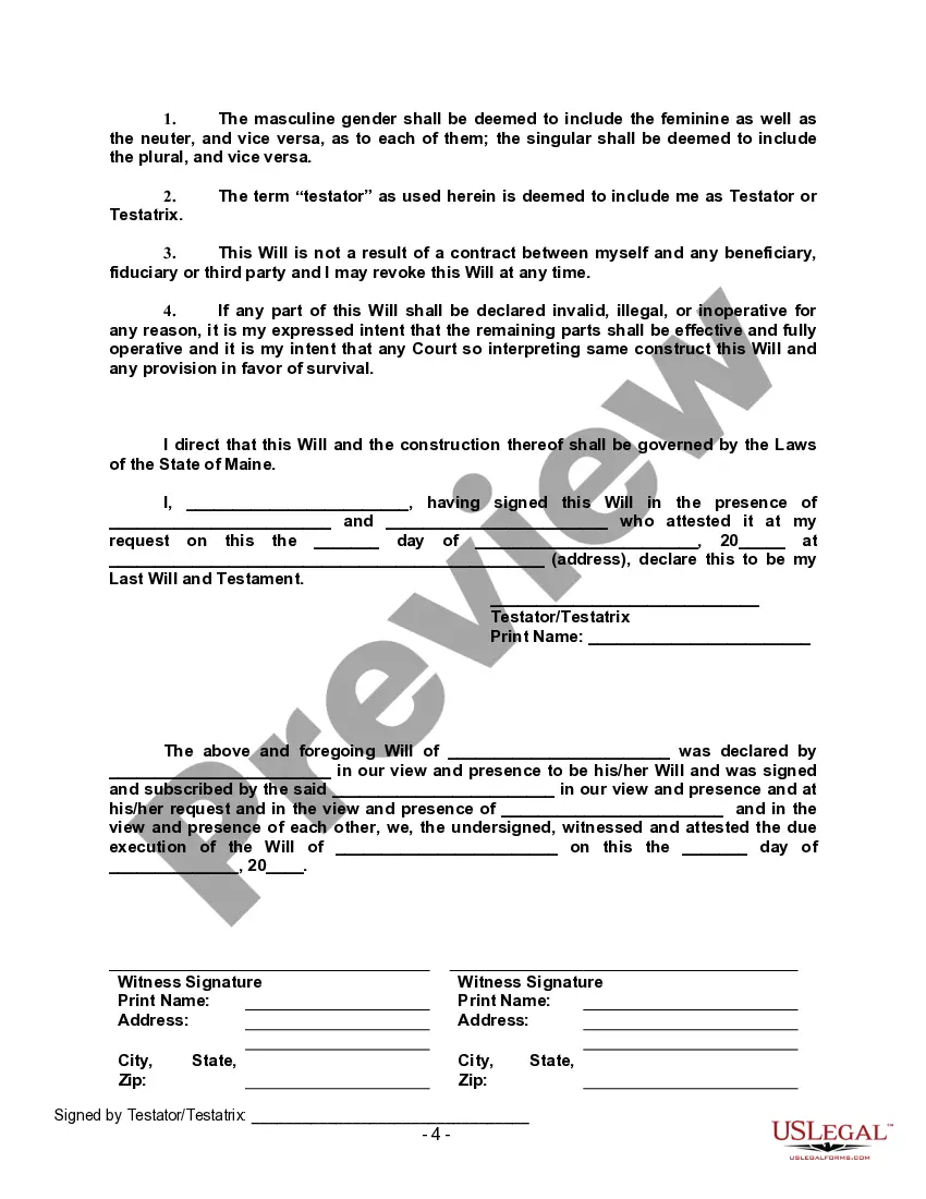 Preview Last Will and Testament with All Property to Trust called a Pour Over Will