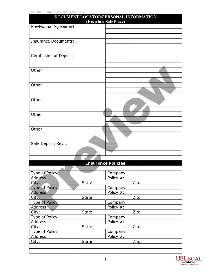 Preview Document Locator and Personal Information Package including burial information form