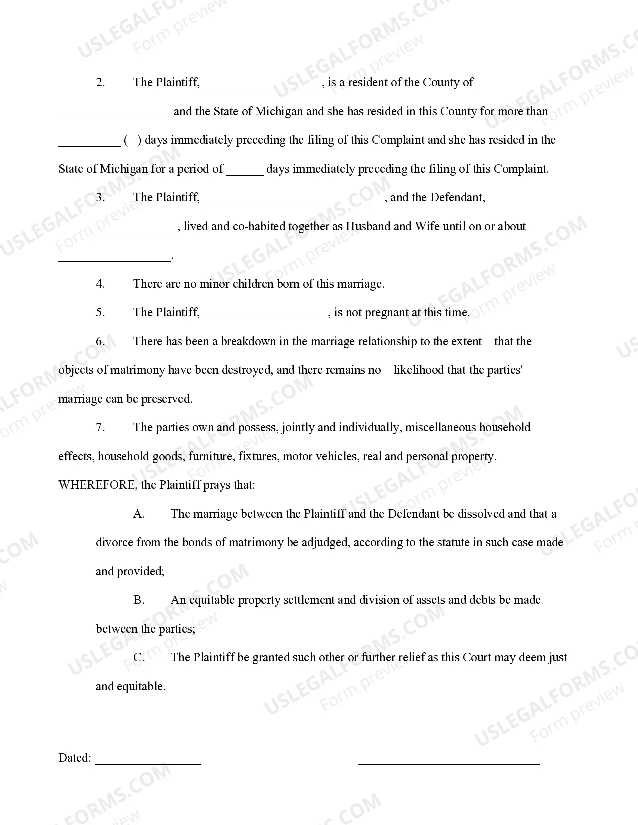 Preview Complaint For Divorce